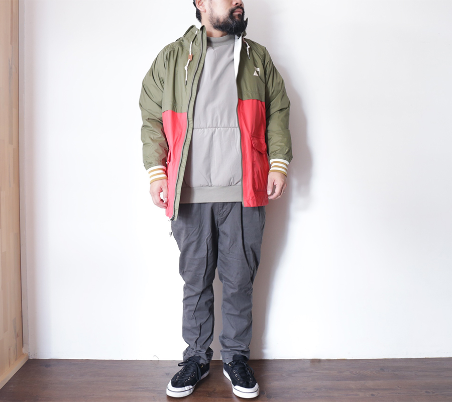POLeR OUTDOOR STUFF / 2.5L VAGABOND JACKET-Burnt Olive MAIDEN NOIR / INSULATED CREW-Taupe TCSS/the critical slide society / MR SKIDS CROP PANTS-Charcoal EMERICA / INDICATOR LOW-Black/White